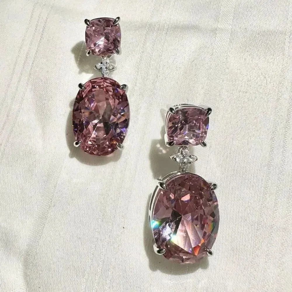Super sparkly light pink cubic zirconia double oval dangle earrings with flower